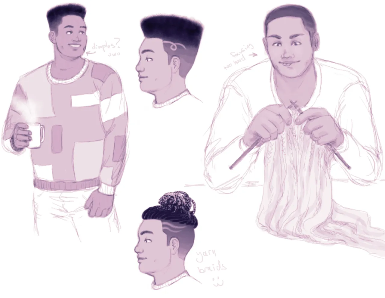 Sketches of the unreleased FujoGuide character [Redacted]. He has a thicc build, a medium-dark skin tone, and tightly curled black hair shown in different styles. On the left is a nearly full-body drawing of him wearing a patchwork sweater, smiling, with a flat top hair style, and holding a steaming mug. The artist's notes read 'dimples? uwu'. In the middle are two side profiles with hair ideas: the top one has a flat top with fade hair style and the bottom one has box braids on top with a fade. The artist's notes read 'yarn braids :3'. On the right is a drawing of him knitting with his elbows on the table and his tongue sticking out in focus mode. He is wearing a white long-sleeve shirt and a very short hairstyle. The artist's notes read 'focusing too hard'.